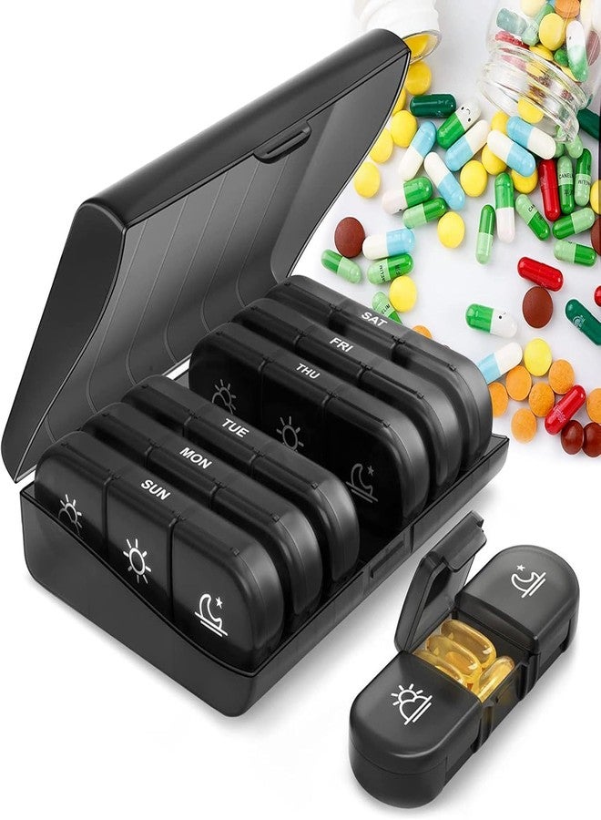Nuvex Weekly Pill Organizer 3 Times a Day | 7-Day Large Travel Pill Box with Moisture-Proof Compartments for Vitamins, Medications, Fish Oil & Supplements Pill Dispenser Travel Pill Case, Black - Image 1